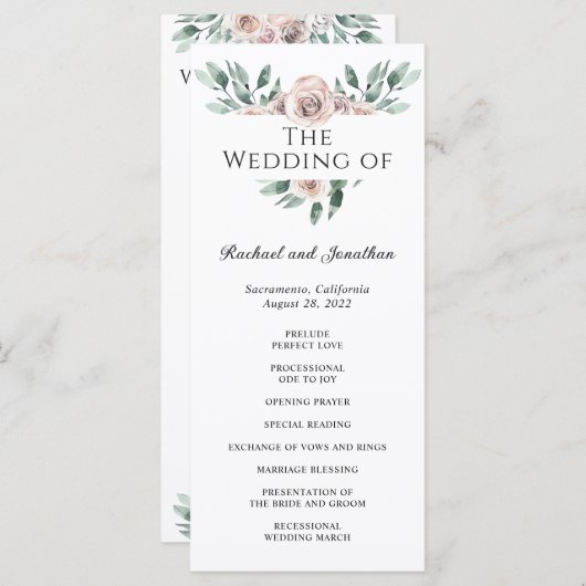 Boho Blush Rose Floral Wedding Programme (Devant / Derrière)