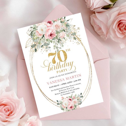 Boho Blush Roses 70th Birthday Invitation
