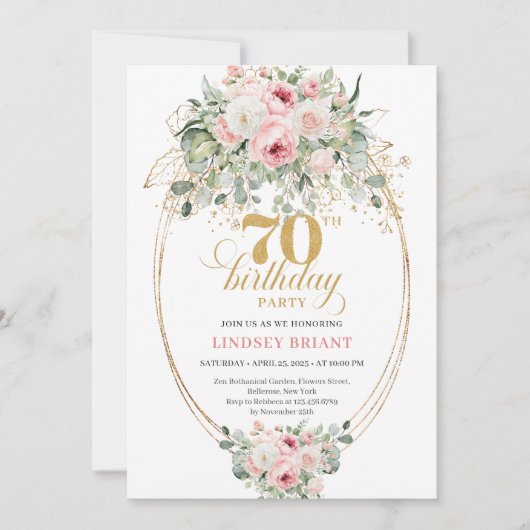Boho Blush Roses 70th Birthday Invitation Kaart (Voorkant)
