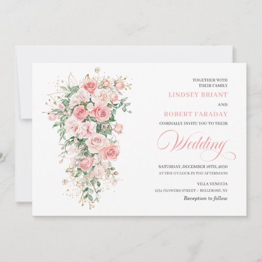 Boho Blush Roses Greenery Gold Wedding Invitation (Devant)
