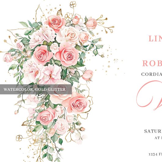 Boho Blush Roses Greenery Gold Wedding Invitation