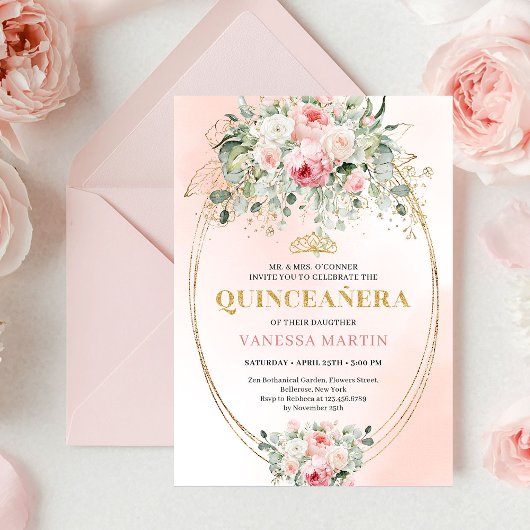 Boho Blush Roses Greenery Quinceañera Invitation
