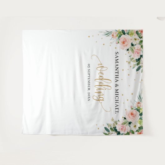 Boho blush roze bloem goud groene trouw achtergron wandkleed (Voorkant (horizontaal))