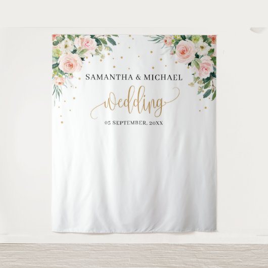 Boho blush roze bloem goud groene trouw achtergron wandkleed (Voorkant)