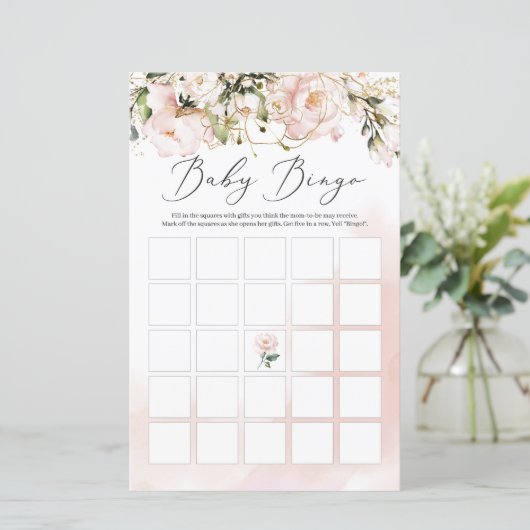 Boho blush roze bloem gouden bladeren bingo spel (Staand voorkant)