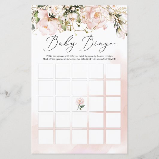 Boho blush roze bloem gouden bladeren bingo spel (Voorkant)