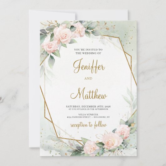 Boho Blush Roze Bloemen Groen Goud Lijst Bruiloft Kaart (Voorkant)