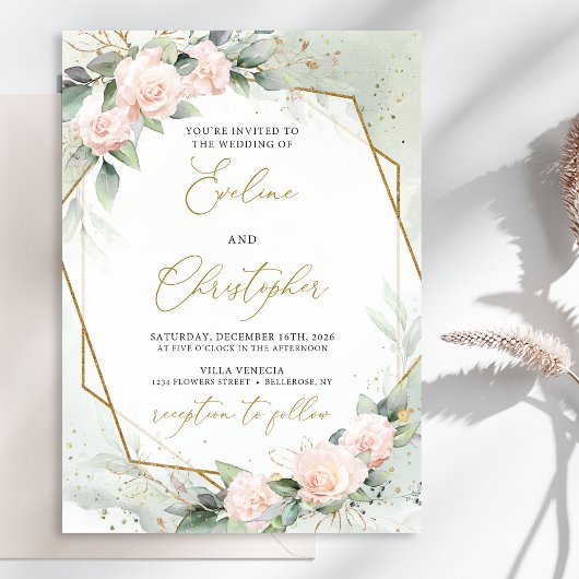 Boho Blush Roze Bloemen Groen Goud Lijst Bruiloft Kaart