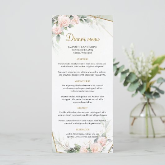 Boho Blush roze Bloemen Groen Goud Lijst Bruiloft Menu (Staand voorkant)