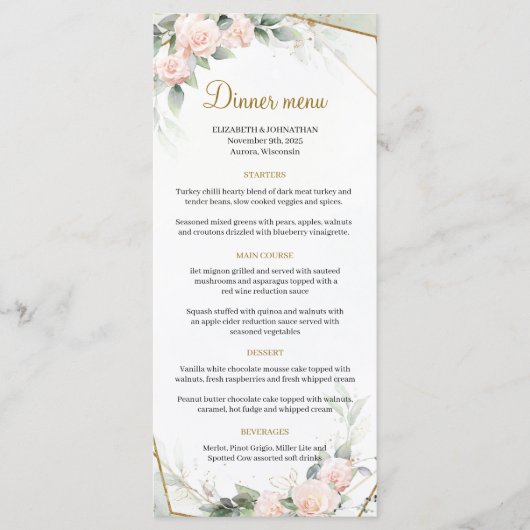 Boho Blush roze Bloemen Groen Goud Lijst Bruiloft Menu (Voorkant)