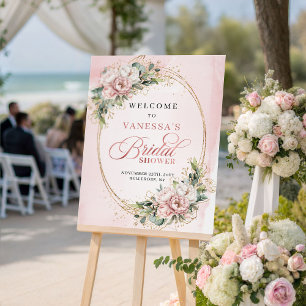 Boho Blush Roze Bloemen Groene Planten Goud Bruids Poster