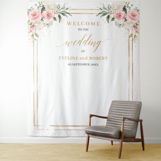 Boho Blush roze bloemeneucalyptus goud Bruiloft Wandkleed (In situ)
