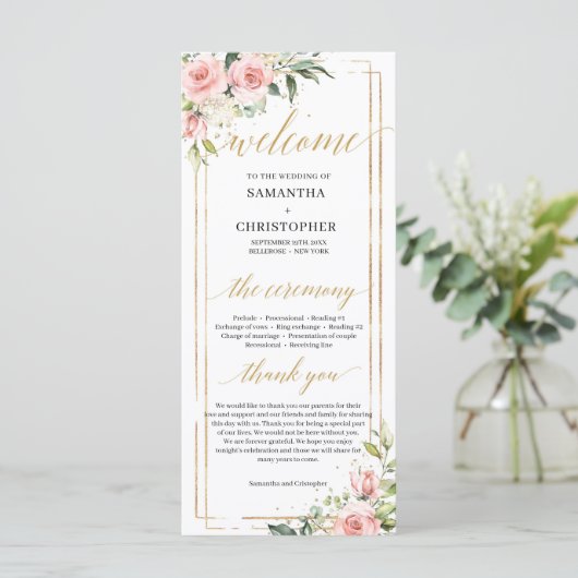 Boho Blush roze bloemeneucalyptus gouden programma (Staand voorkant)