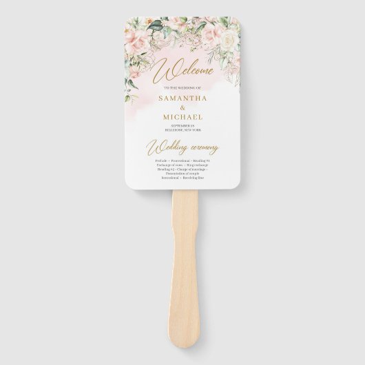 Boho Blush roze bloemeneucalyptus gouden programma Handwaaier (Voorkant)