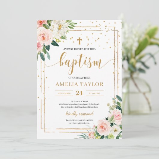 Boho blush roze bloemengoud glitter doop kaart