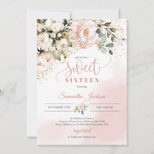 Boho blush roze bloemengouden bladeren zoet zestie kaart (Voorkant)