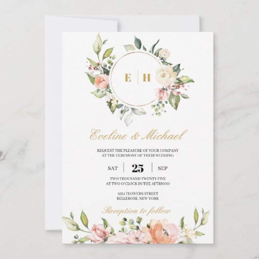 Boho blush roze bloemenmonogram initialen bruiloft kaart (Voorkant)