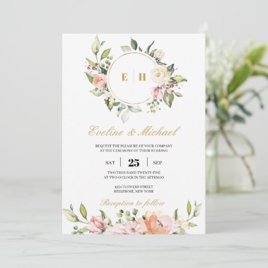 Boho blush roze bloemenmonogram initialen bruiloft kaart (Staand voorkant)