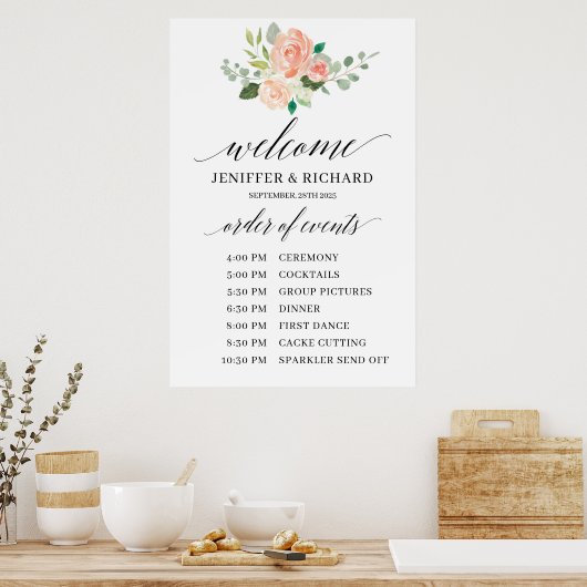 Boho blush roze floral bruiloft order service poster (Keuken)