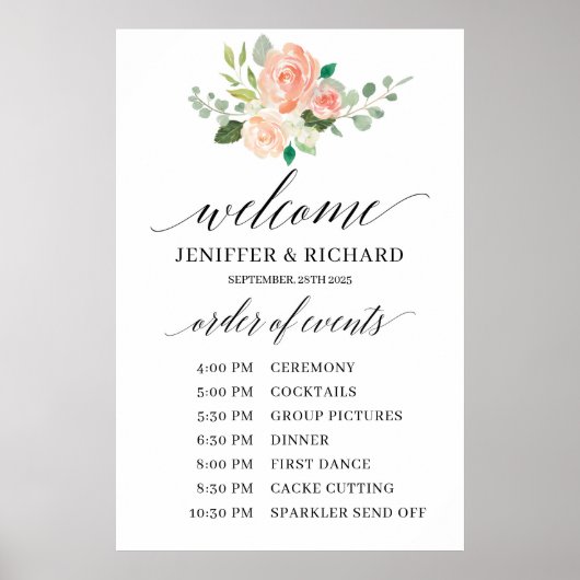 Boho blush roze floral bruiloft order service poster (Voorkant)