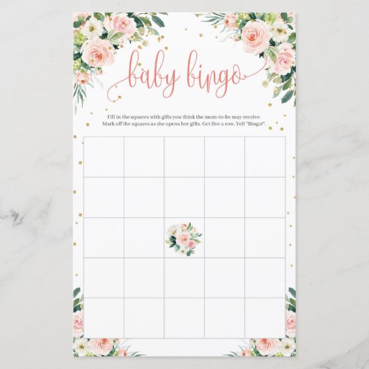 Boho blush roze florongroen gouden baby bingo game (Voorkant)