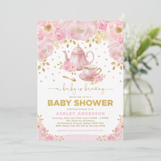 Boho Blush Roze Goud Baby shower Tea Party Kaart (Staand voorkant)