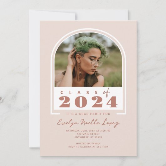 Boho Blush Roze Moderne Boog Foto Graduation Party Kaart (Voorkant)