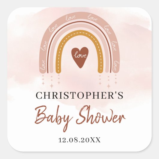 Boho Blush Roze Rainbow baby shower vierkante stic Vierkante Sticker (Voorkant)
