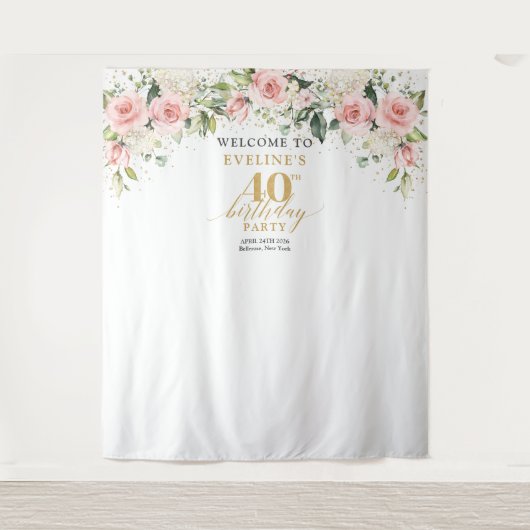 Boho blush roze rozen eucalyptus 40ste verjaardag wandkleed (Voorkant)