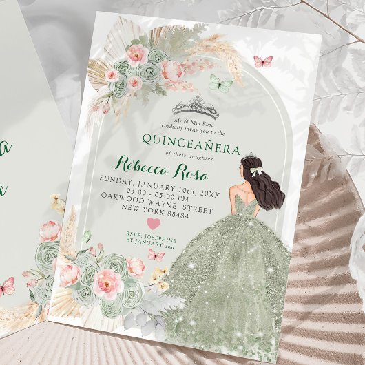 Boho Blush Roze Salie Groen Princesa Quinceañera Kaart