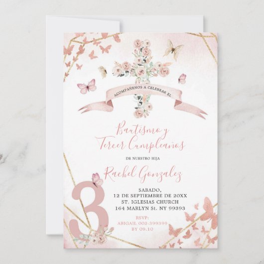 Boho Blush Roze Vlinder Doop & 3e Verjaardag Kaart (Voorkant)