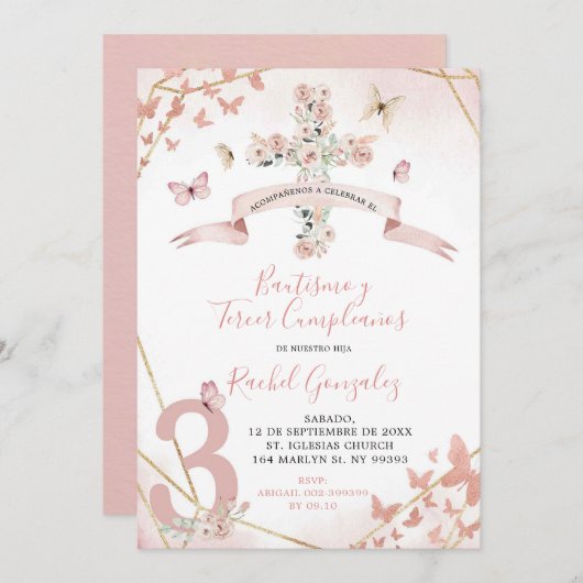 Boho Blush Roze Vlinder Doop & 3e Verjaardag Kaart (Voorkant / Achterkant)