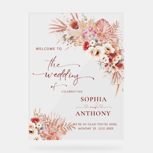 Boho Blush Terracotta Bloemen Acryl Trouwbord Acryl Bord (Voorkant)