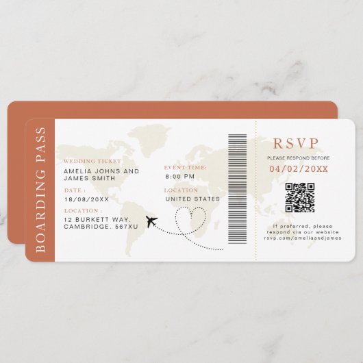 Boho Boarding Pass Bestemming bruiloft QR-code Kaart (Voorkant / Achterkant)
