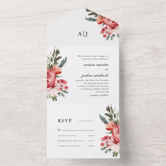 Boho boeket met Rozen bruiloft All In One Uitnodiging (Binnen)