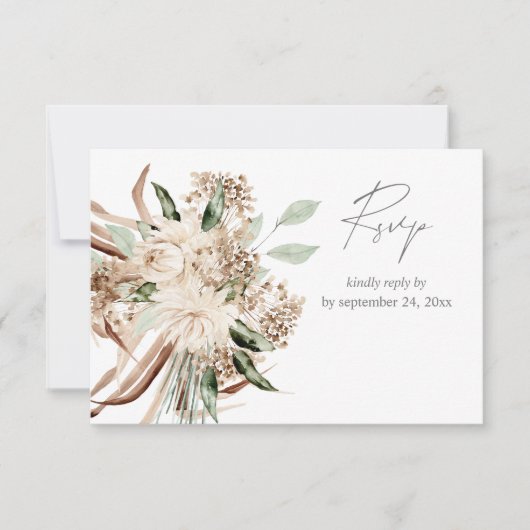 Boho Bohemian Beige Floral avec Carte RSVP Repas (Devant)