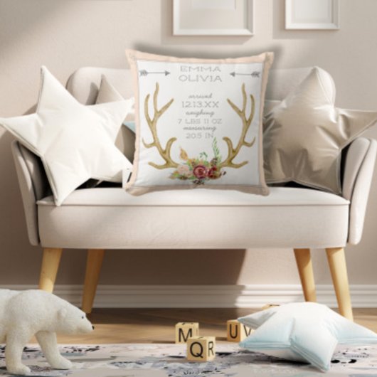BOHO Bohemian Deer Antler Floral Baby Birth Stat Kussen
