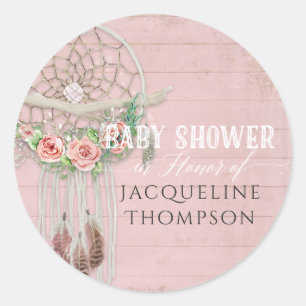 BOHO Bohemian Dream Catcher Baby shower Meisje Roz Ronde Sticker