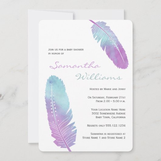 Boho Bohemian Feather Paars Baby shower Kaart (Voorkant)