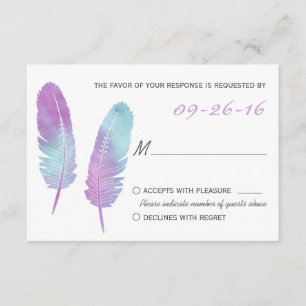 Boho Bohemian Feather Paars en Blue Wedding RSVP Kaartje