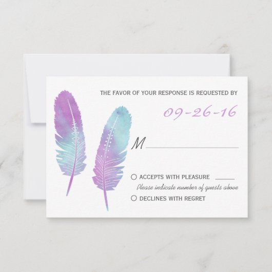 Boho Bohemian Feather violet et bleu mariage RSVP (Devant)