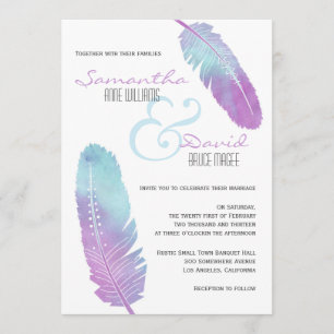 Boho Bohemian Feather Wedding Paars and Blue Kaart