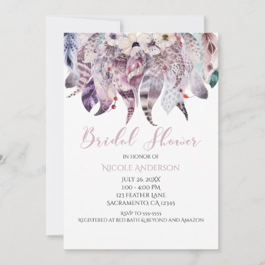 Boho Bohemian Feathers Bridal Shower Uitnodigingen (Voorkant)