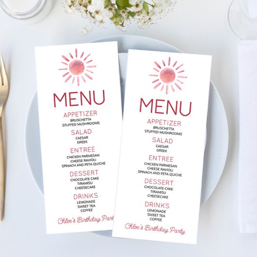 Boho Bohemian Pink Sun Anniversaire Party Menu des