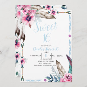 Boho Bohemian Tribal Floral Waterverf Sweet 16 Kaart