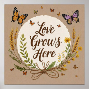 Boho Bohemian Wildflowers, vlinders, tarwe Poster