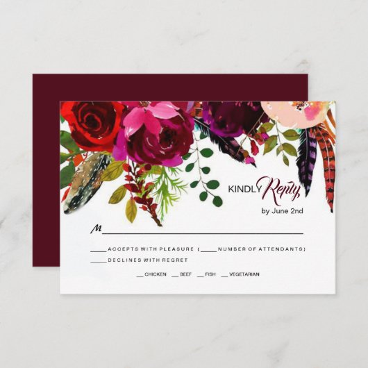 Boho Bold Bourgogne Bloemen Bruiloft RSVP (Voorkant / Achterkant)