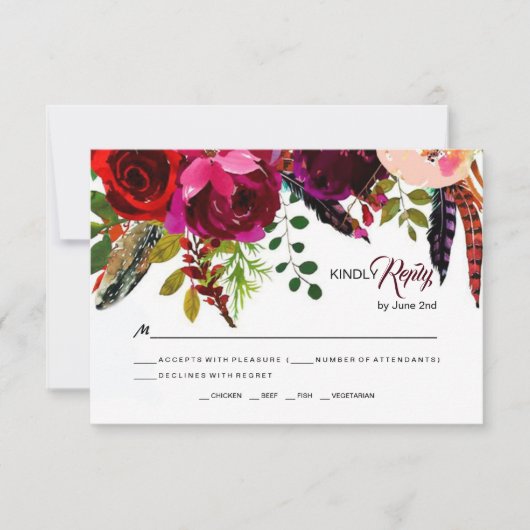 Boho Bold Bourgogne Floral Wedding RSVP (Devant)