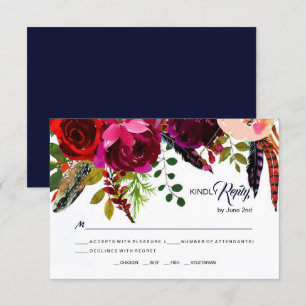 Boho Bold Bourgondië Navy Bloemen Huwelijk RSVP Kaartje