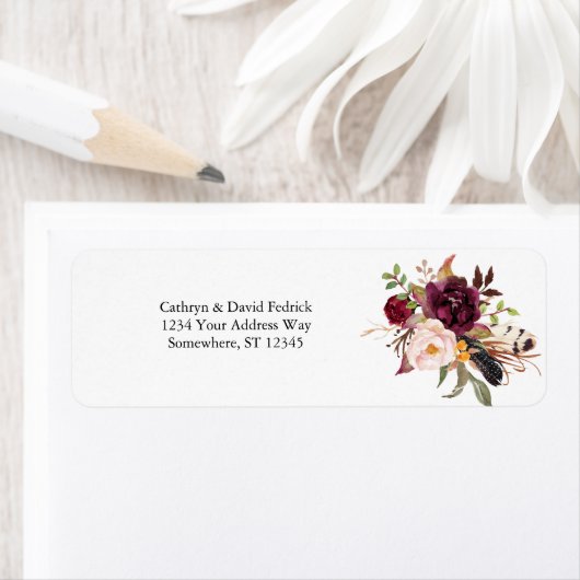 Boho Bold Bourgondië Navy Floral Wedding Etiket (Insitu)